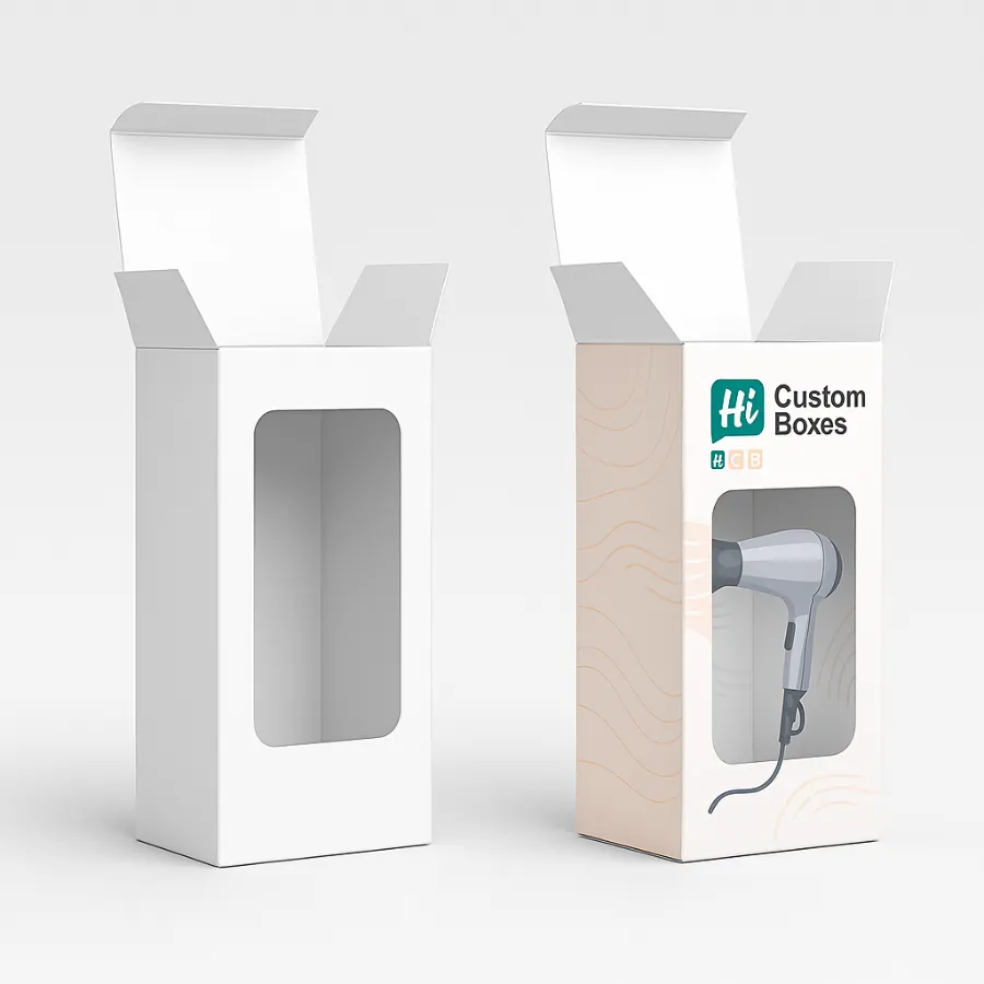 Two vertical boxes with transparent windows- displaying a modern hair dryer and minimalist brand graphics- class=